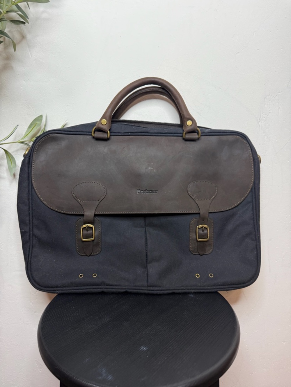Barbour Black Canvas Laptop Bag with Brown Leather Trim